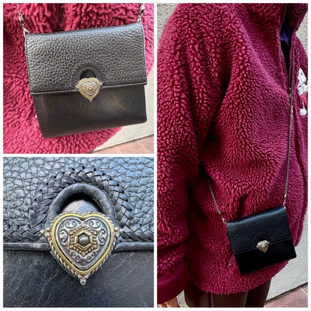 Brighton Black Leather Ornate Metal Heart Snap Wallet with Crossbody Chain
